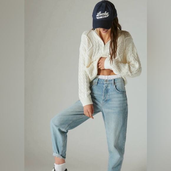 Lucky Brand Cable Knit Zip Henley Mock Neck Sweater Egret Ivory S Fishermancore - Picture 4 of 14